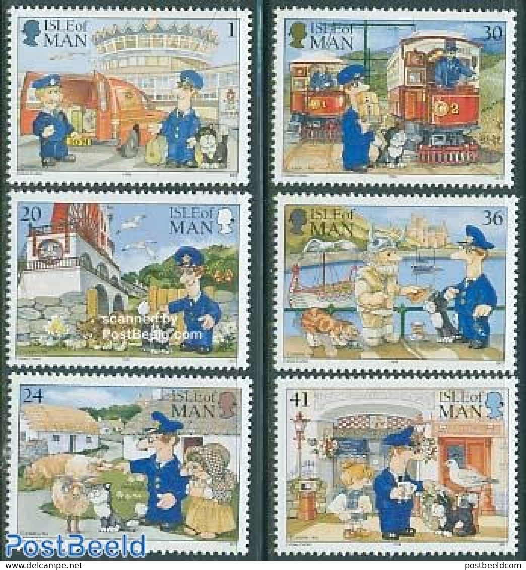 Isle Of Man 1994 Postal Services 6v, Mint NH, Nature - Transport - Various - Cats - Post - Automobiles - Railways - Mi.. - Poste