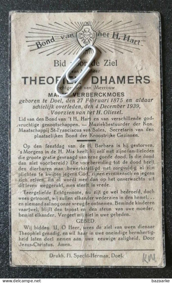 THEOFIEL DHAMERS ° DOEL 1875 + 1939 / MARIE VERBERCKMOES - Devotion Images