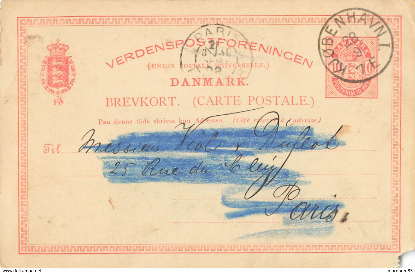 DANMARK BREVKORT ENTIER POSTAL 10 KJOBENHAVN 28/9/1892 POUR PARIS - Ganzsachen