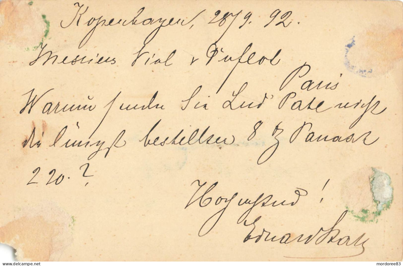 DANMARK BREVKORT ENTIER POSTAL 10 KJOBENHAVN 28/9/1892 POUR PARIS - Ganzsachen