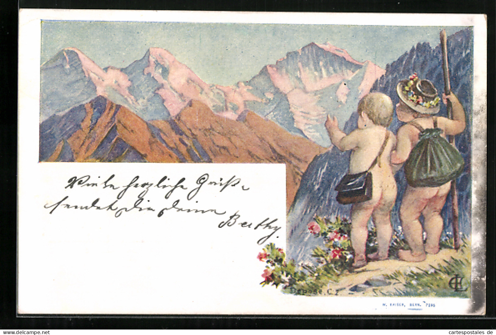 Künstler-Lithographie Kleine Nackte Bergsteiger  - Alpinismo