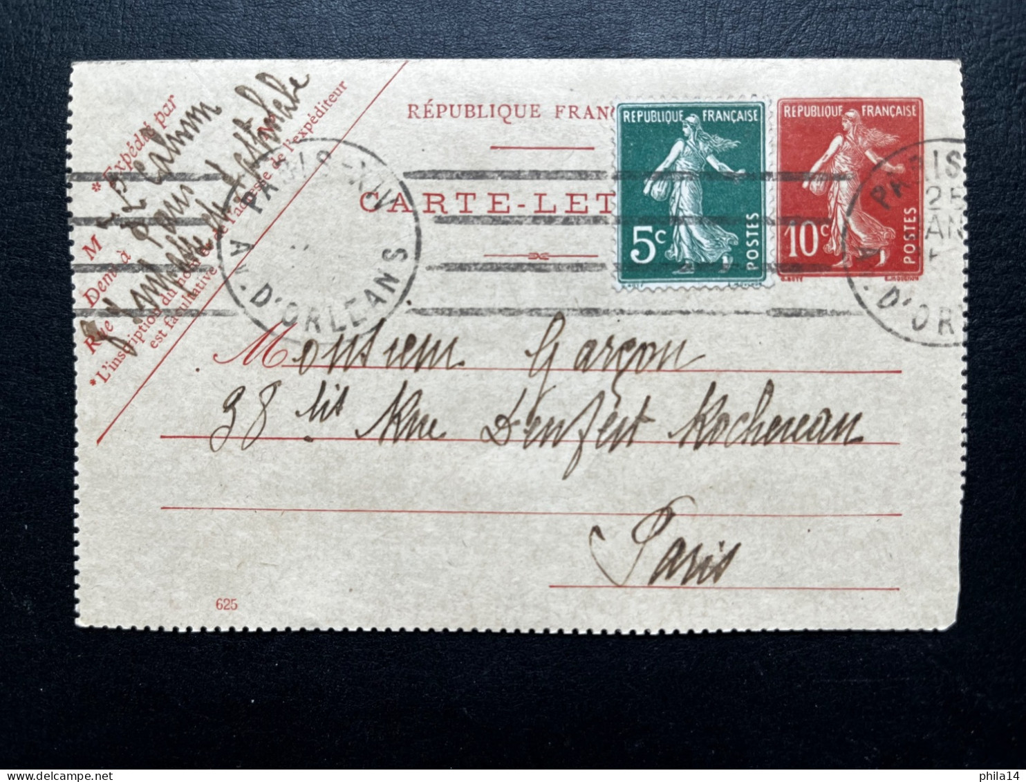 10c ENTIER CARTE LETTRE & 5c SEMEUSE / PARIS AV D'ORLEANS POUR PARIS / NON DATE - Cartes-lettres