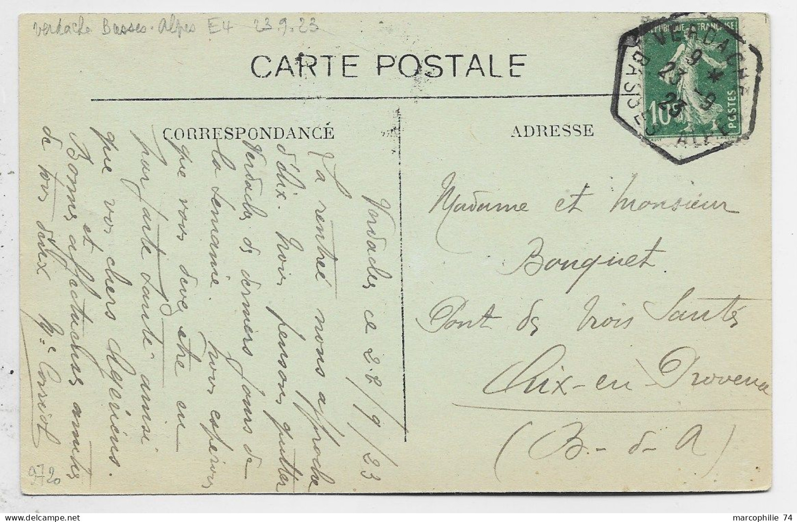 SEMEUSE 10C VERT CARTE BARLES C. HEX VERDACHE 23.9.23 BASSES ALPES - 1921-1960: Modern Period