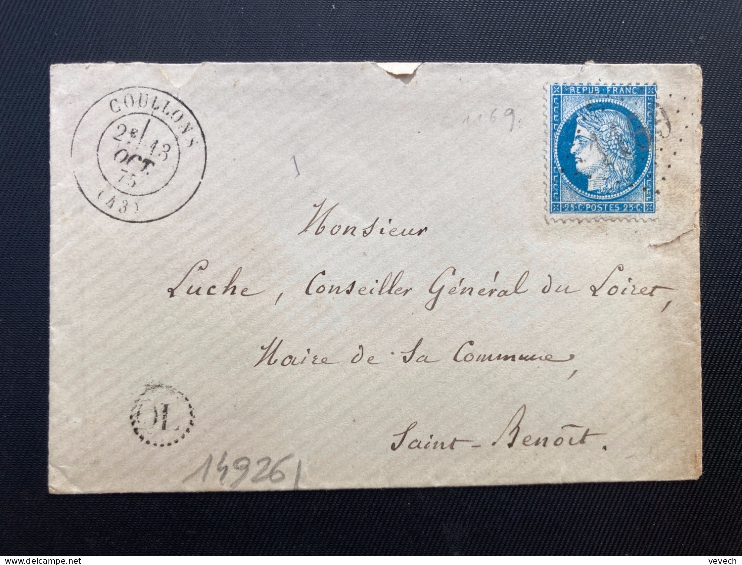 LETTRE TP CERES 5c OBL. GC 1169 + 13 OCT 75 COULLONS (43) + OL ORIGINE LOCALE Pour LUCHE Maire De ST NENOIT (45) - 1849-1876: Période Classique