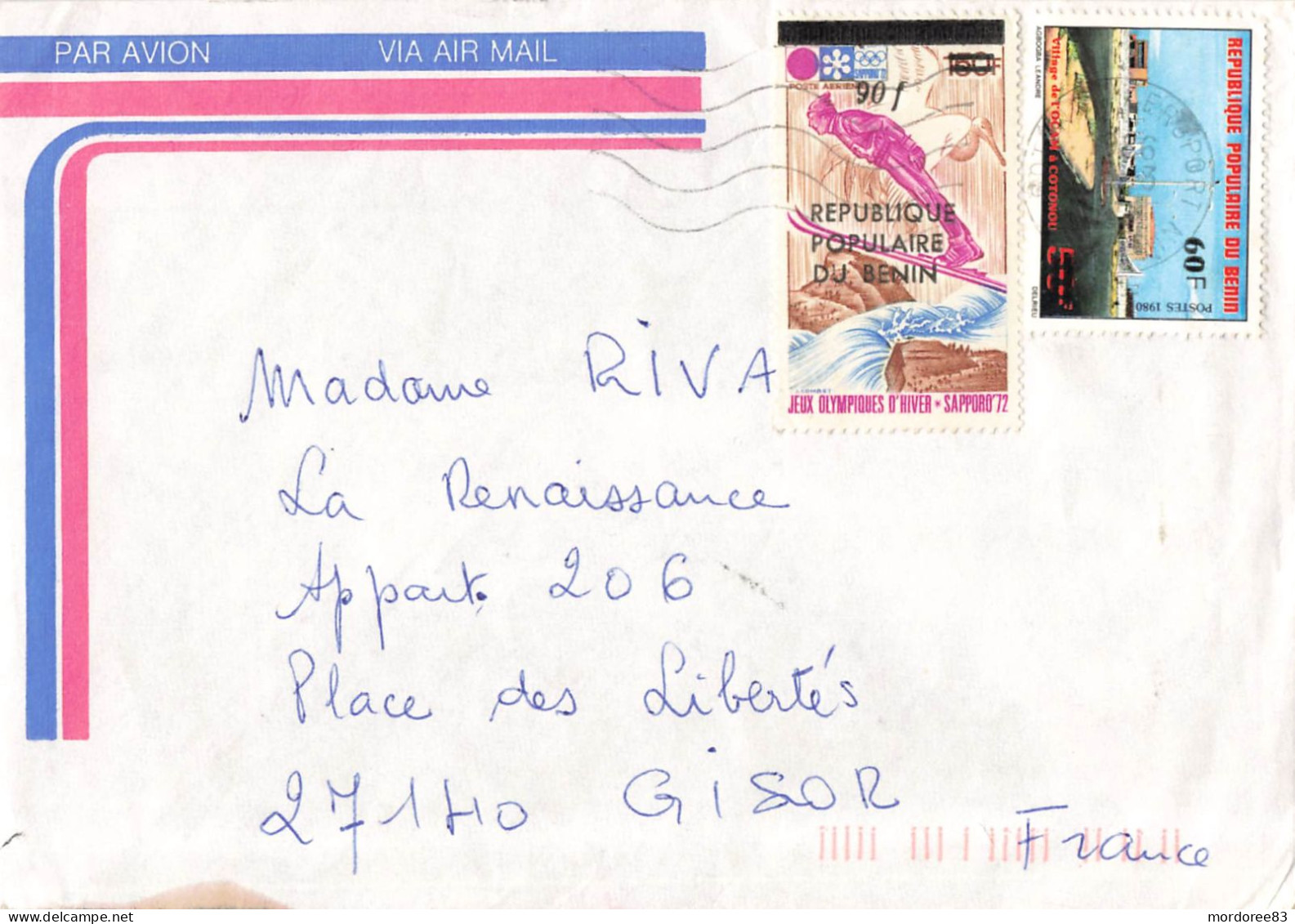 BENIN SAPPORO 72 JEUX OLYMPIQUES 150F SURCH 90F + OCAM 60F SUR LETTRE AVION PAHOU POUR GISOR FRANCE - Bénin – Dahomey (1960-...)