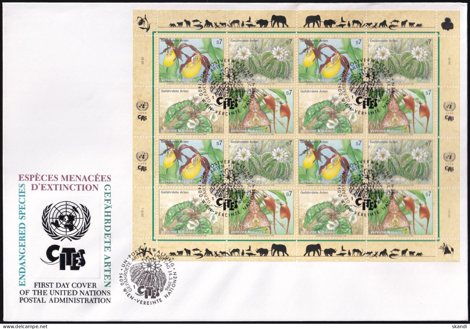 UNO WIEN 1996 Mi-Nr. 205/08 FDC Kleinbogen Gefährdete Arten - FDC