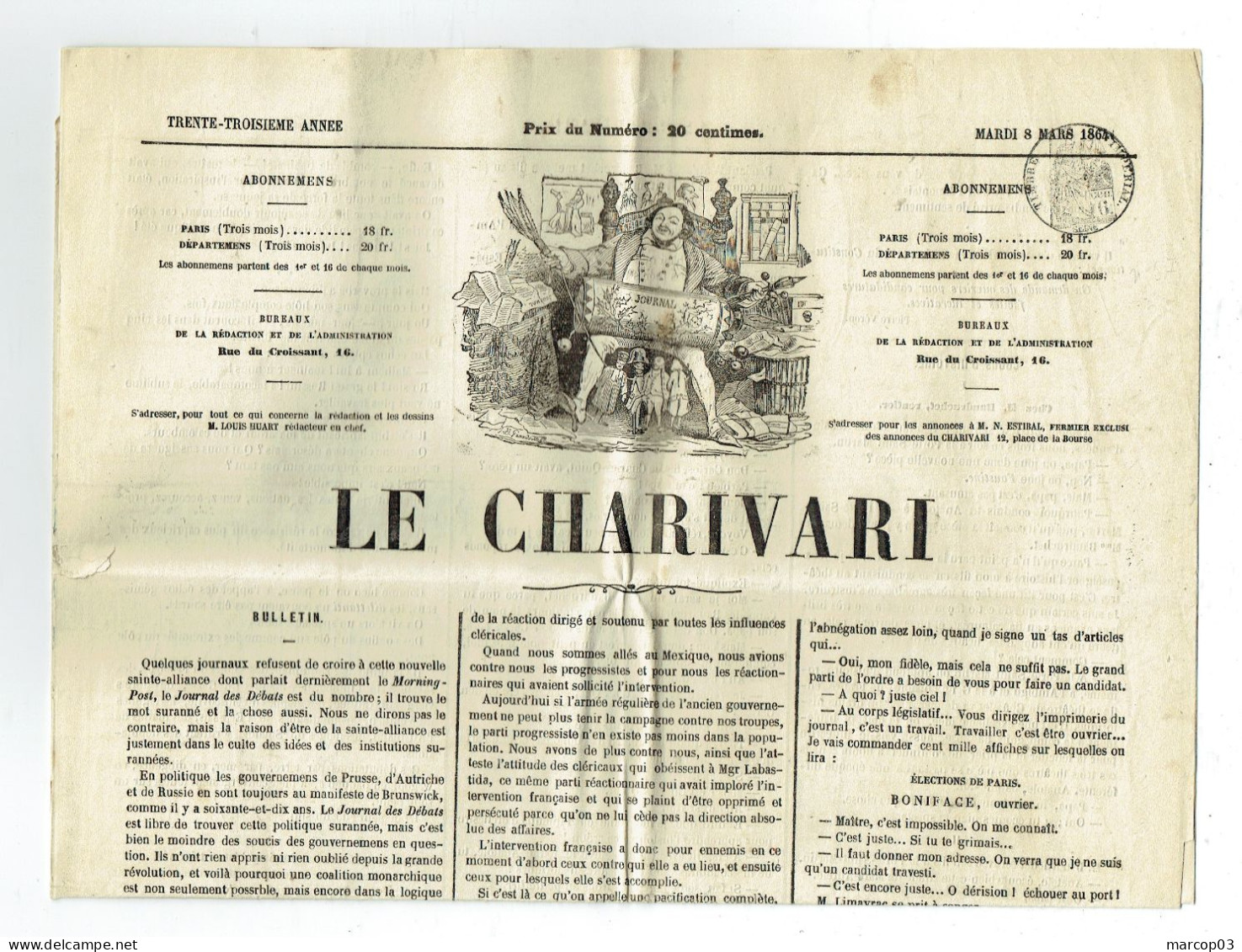 75 PARIS Journal LA CHARIVARI Du 08/03/1864  Droit Fiscal De Timbre De 6 C SEINE Journal Complet TTB - Kranten