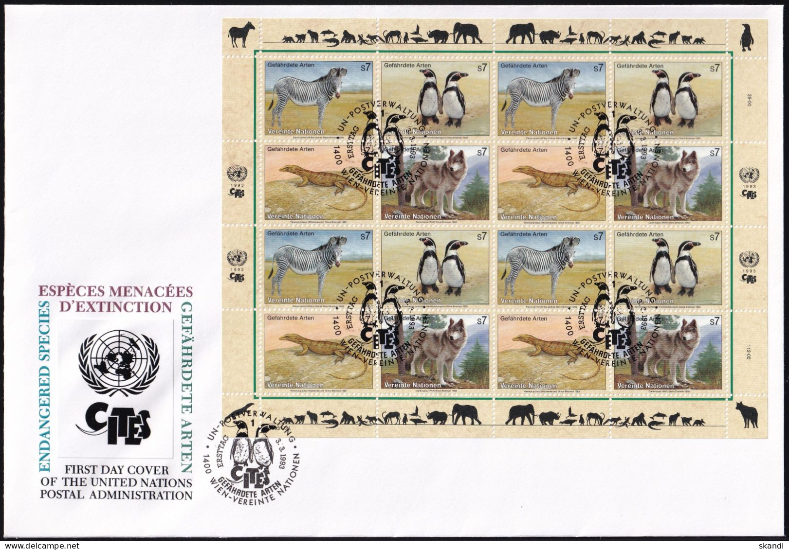 UNO WIEN 1993 Mi-Nr. 143/46 FDC Kleinbogen Gefährdete Arten - FDC