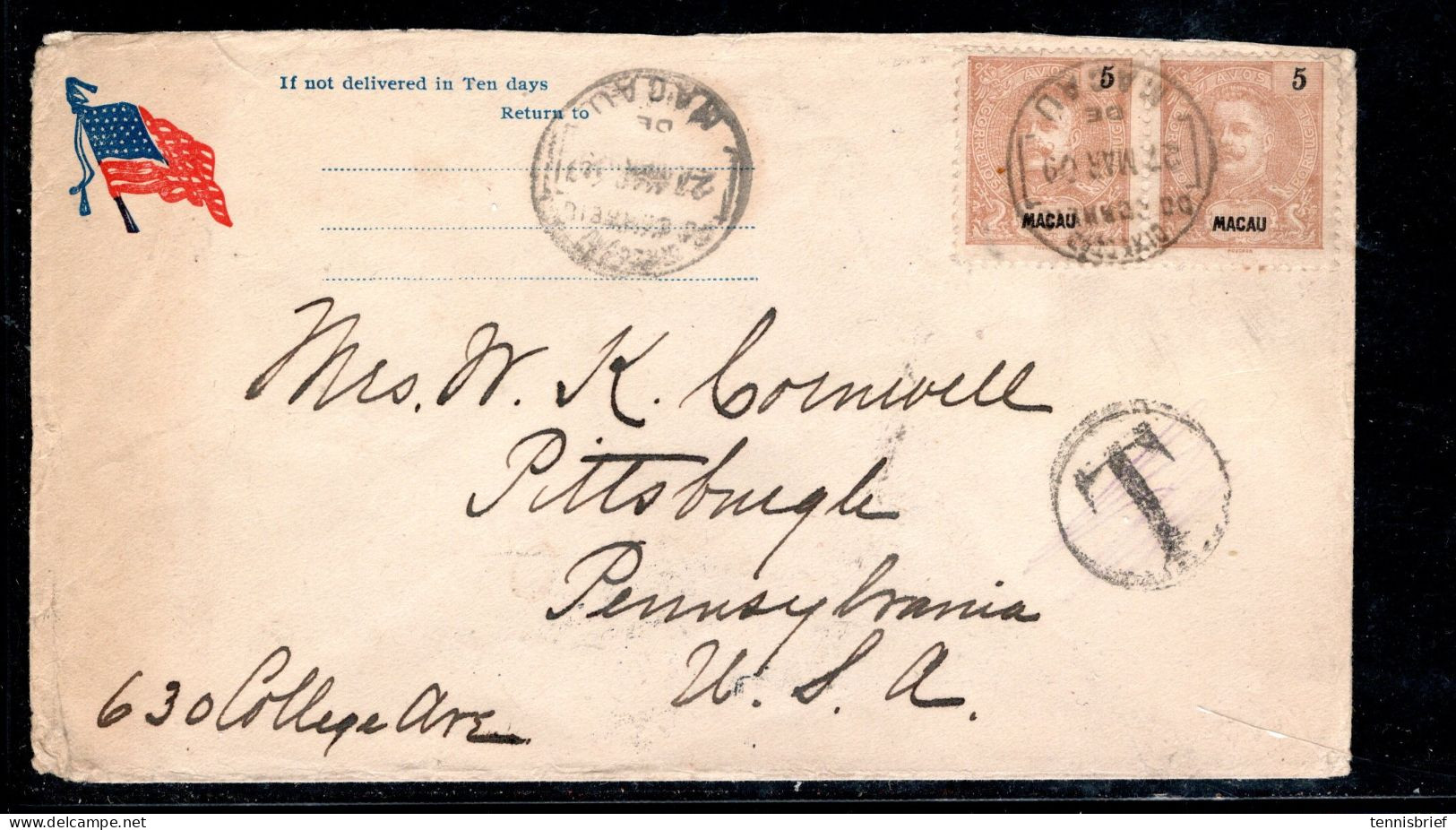 1909, 5 R. Paire  ( Small Perforation Faults ) , Clear " MACAO " , Cover To USA , Special Rate ?   RR !  #225 - Brieven En Documenten