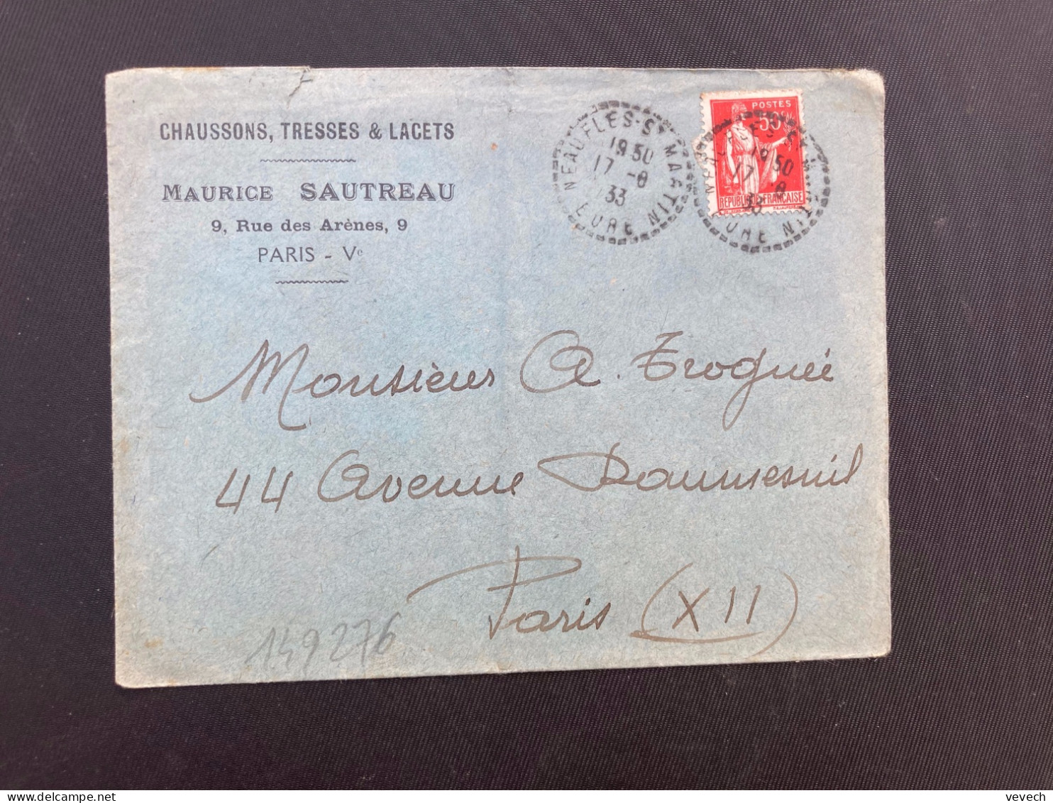 LETTRE MAURICE SAUTREAU PARIS V) CHAUSSONS TP PAIX 50c OBL. Tiretée 17-8 33 NEUFLES ST MARTIN EURE (27) - 1921-1960: Moderne