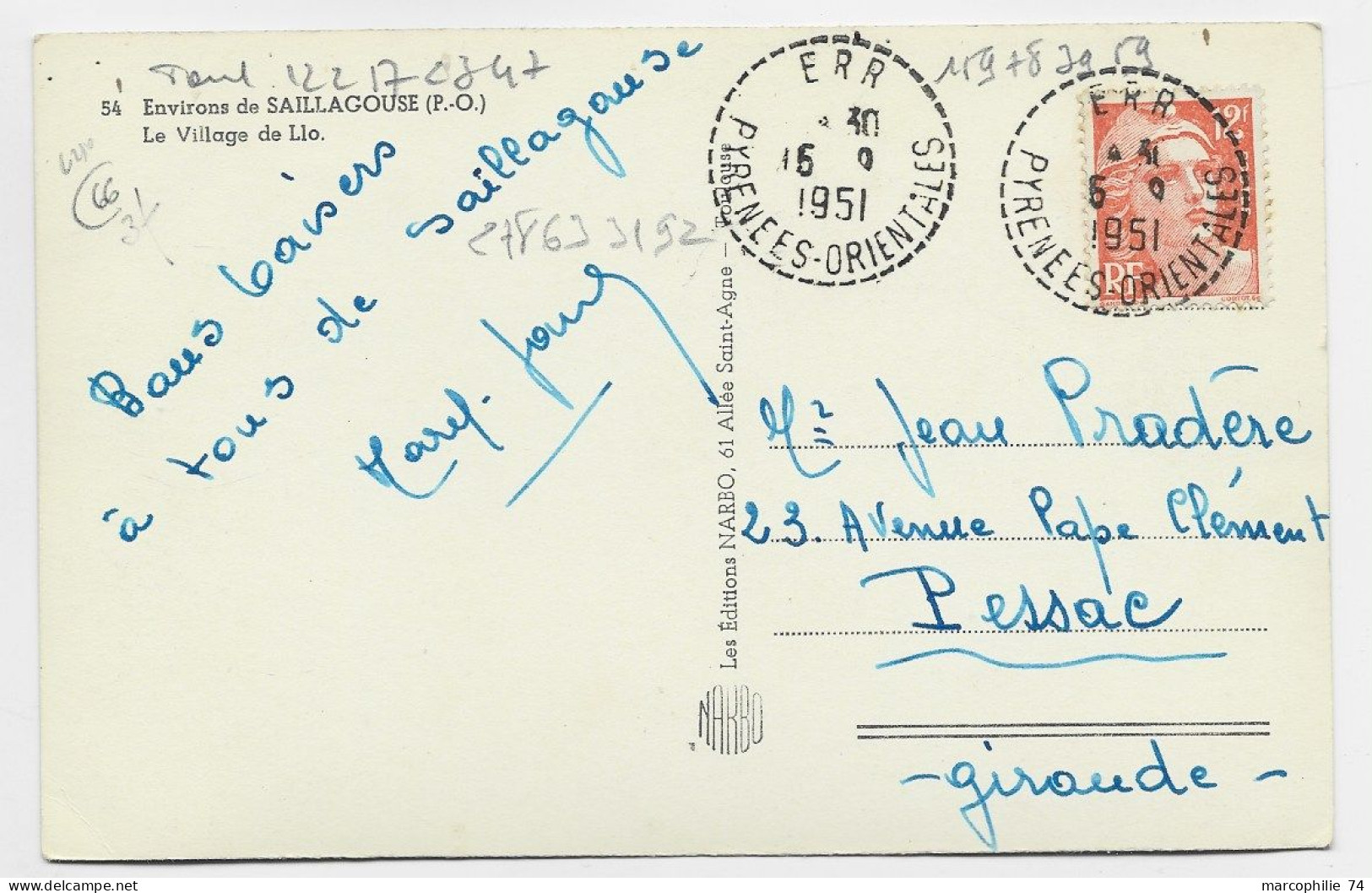 GANDON 12FR ORANGE CARTE LE VILLAGE DE LIO C. PERLE ERR 15.9.1951 PYRENEES ORIENTALES - Bolli Manuali