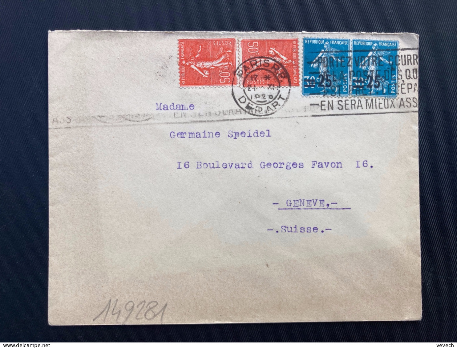 LETTRE Pour La SUISSE TP SEMEUSE 50c X2 + 30c Surch.25c X2 OBL.MEC.21 XII 1926 PARIS RP DEPART - 1921-1960: Periodo Moderno