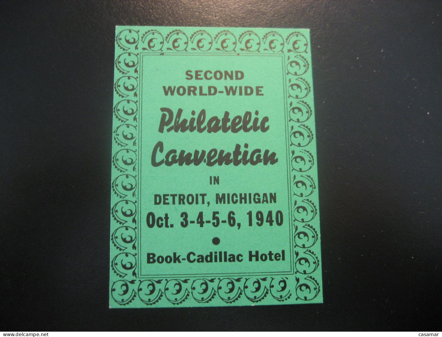 DETROIT Michigan 1940 Book-Cadillac Hotel Philatelic Convention Poster Stamp Vignette USA Label - Other & Unclassified