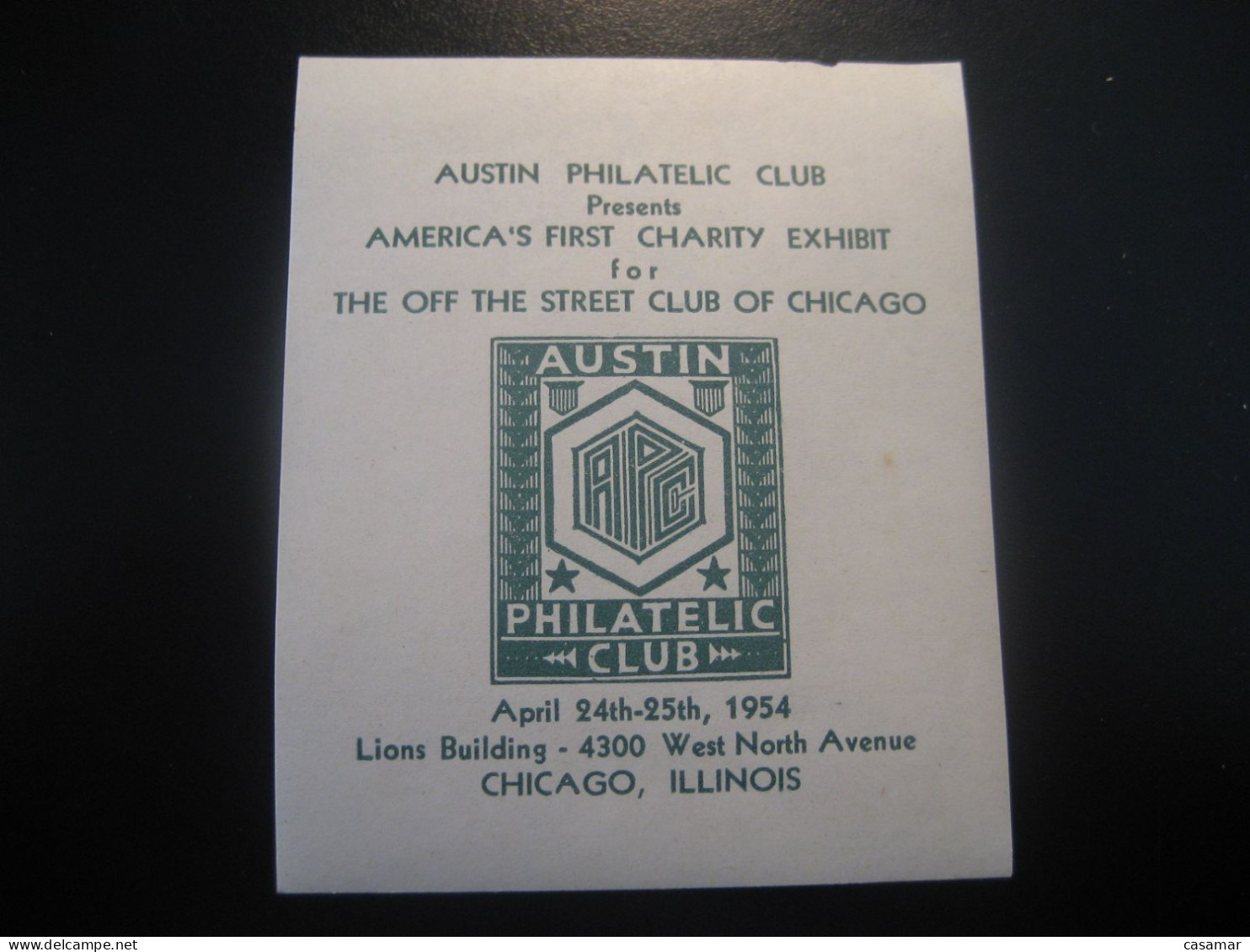 CHICAGO Illinois 1954 Austin Philatelic Club Lions Building Poster Stamp Vignette USA Label - Andere & Zonder Classificatie