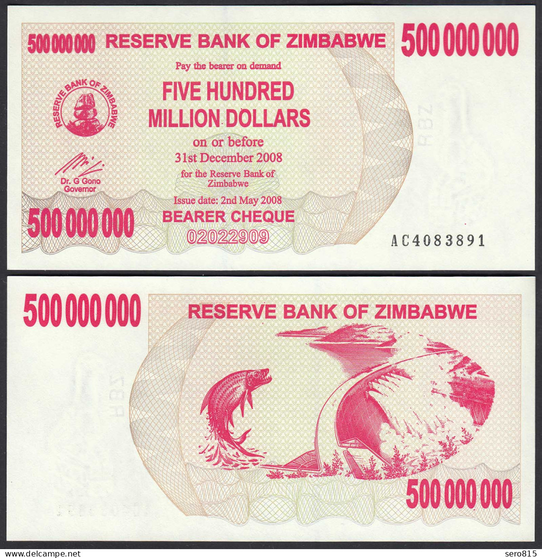 Simbabwe - Zimbabwe 500 Millionen Dollars 2008 Pick 60 UNC (1)    (27695 - Altri – Africa