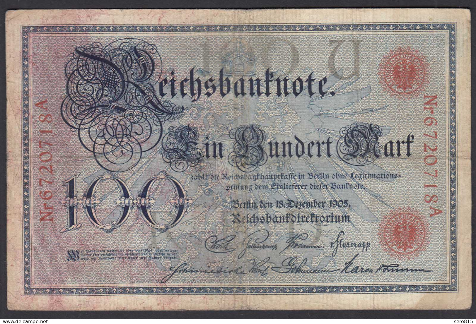 Reichsbanknote 100 Mark 1905 Ro 23b Pick 24 UDR U Serie A - F (4)     (28291 - Altri & Non Classificati