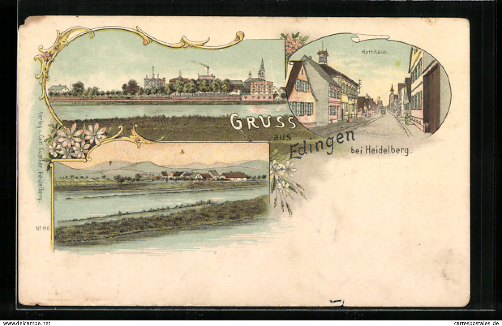 Lithographie Edingen Bei Heidelberg, Rathaus, Panorama  - Heidelberg