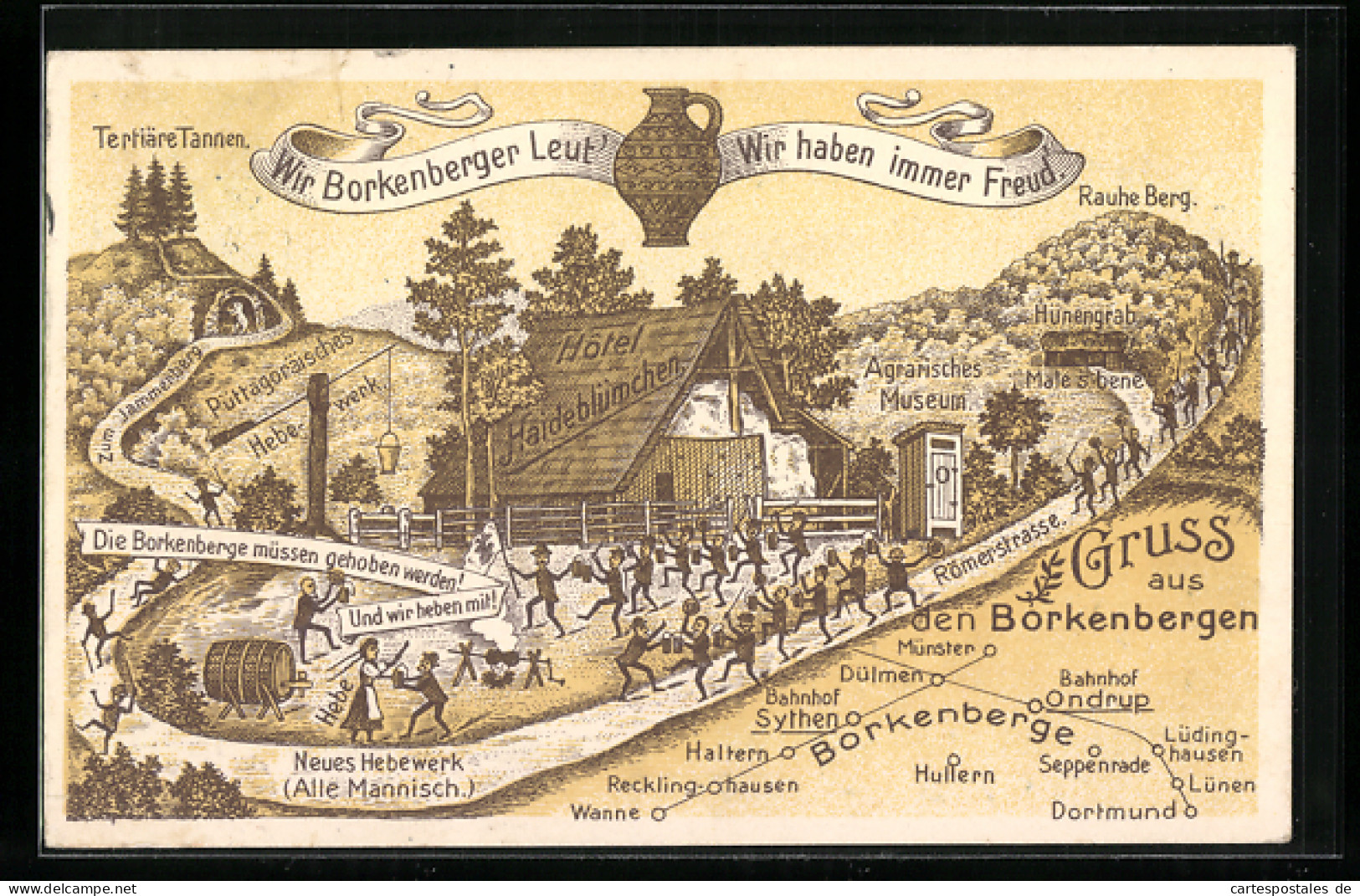 Lithographie Lüdinghausen-Borkenberge, Humoristische Ansicht Vom Hotel Haideblümchen  - Luedinghausen