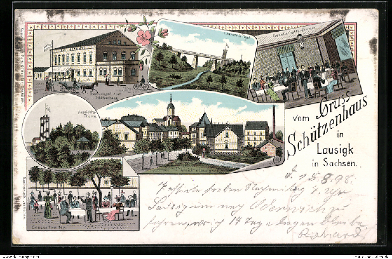 Lithographie Lausigk, Restaurant Zum Schützenhaus, Strassenpartie Am Ortseingang  - Sonstige & Ohne Zuordnung