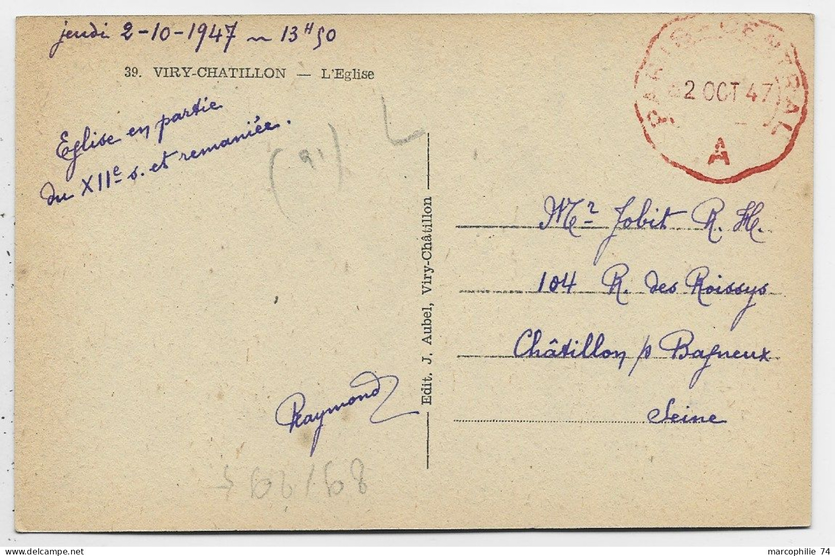 CARTE VIRY CHATILLON CACHET ROUGE PARIS CENTRAL 2 OCT 1947 A POUR CHATILLON BAGNEUX SEINE - 1921-1960: Periodo Moderno