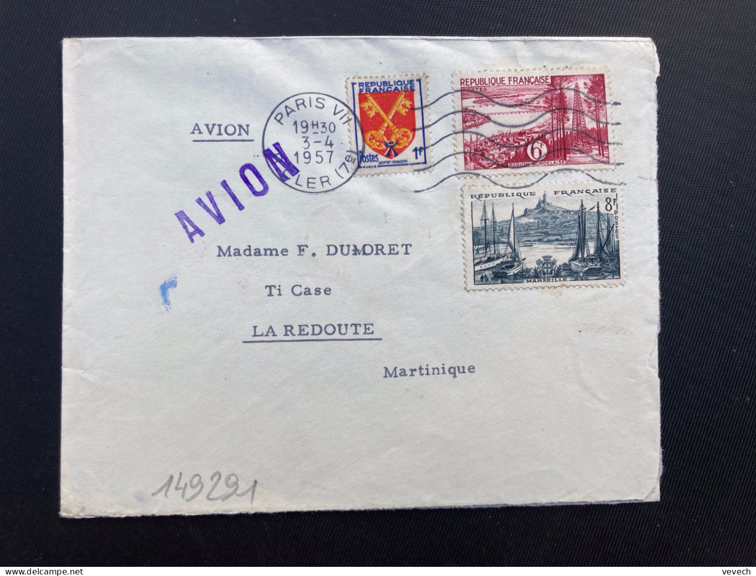 LETTRE Par Avion Pour La MARTINIQUE (REDOUTE) TP MARSEILLE 8F + BORDELAISE 6F + COMTAT 1F OBL.MEC.3-4 1957 PARIS VII - 1921-1960: Moderne