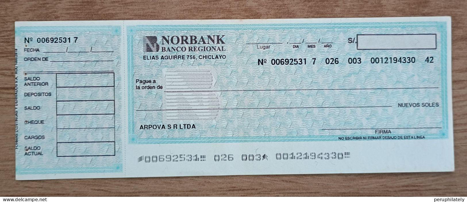 Peru Bank Check , Norbank Chiclayo , Rare - Pérou