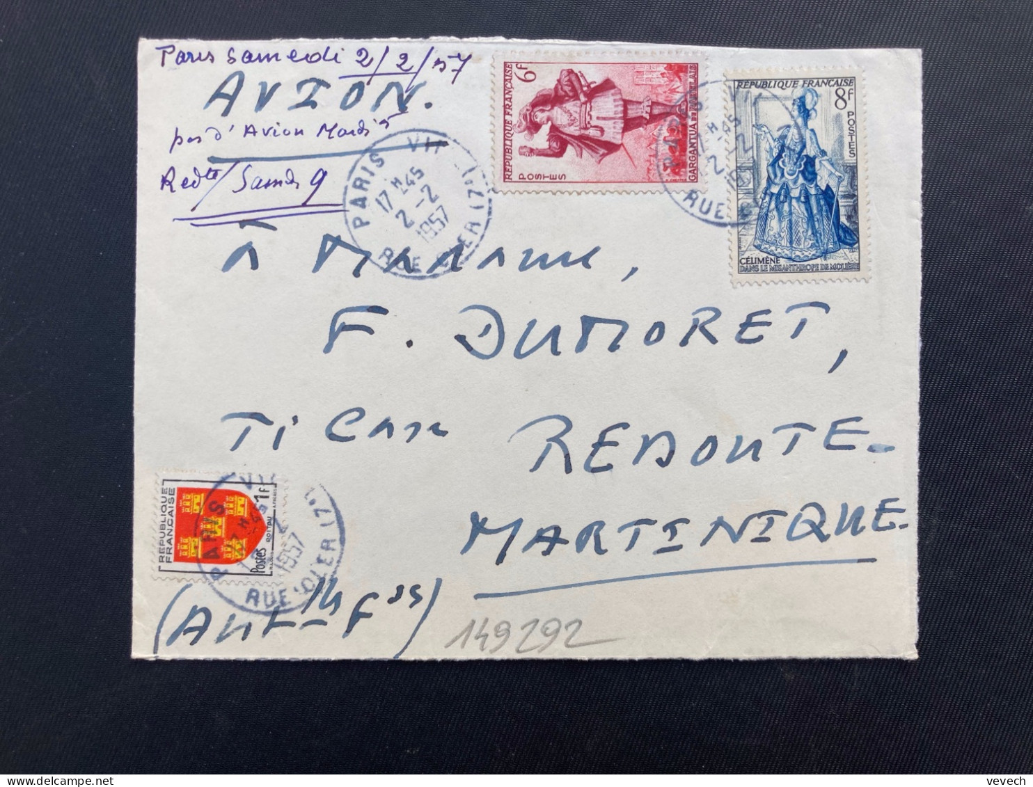 LETTRE Par Avion Pour La MARTINIQUE (REDOUTE) TP CELIMENE 8F + GARGANTUA 6F + POITOU 1F OBL.2-2 1957 PARIS VII - 1921-1960: Periodo Moderno