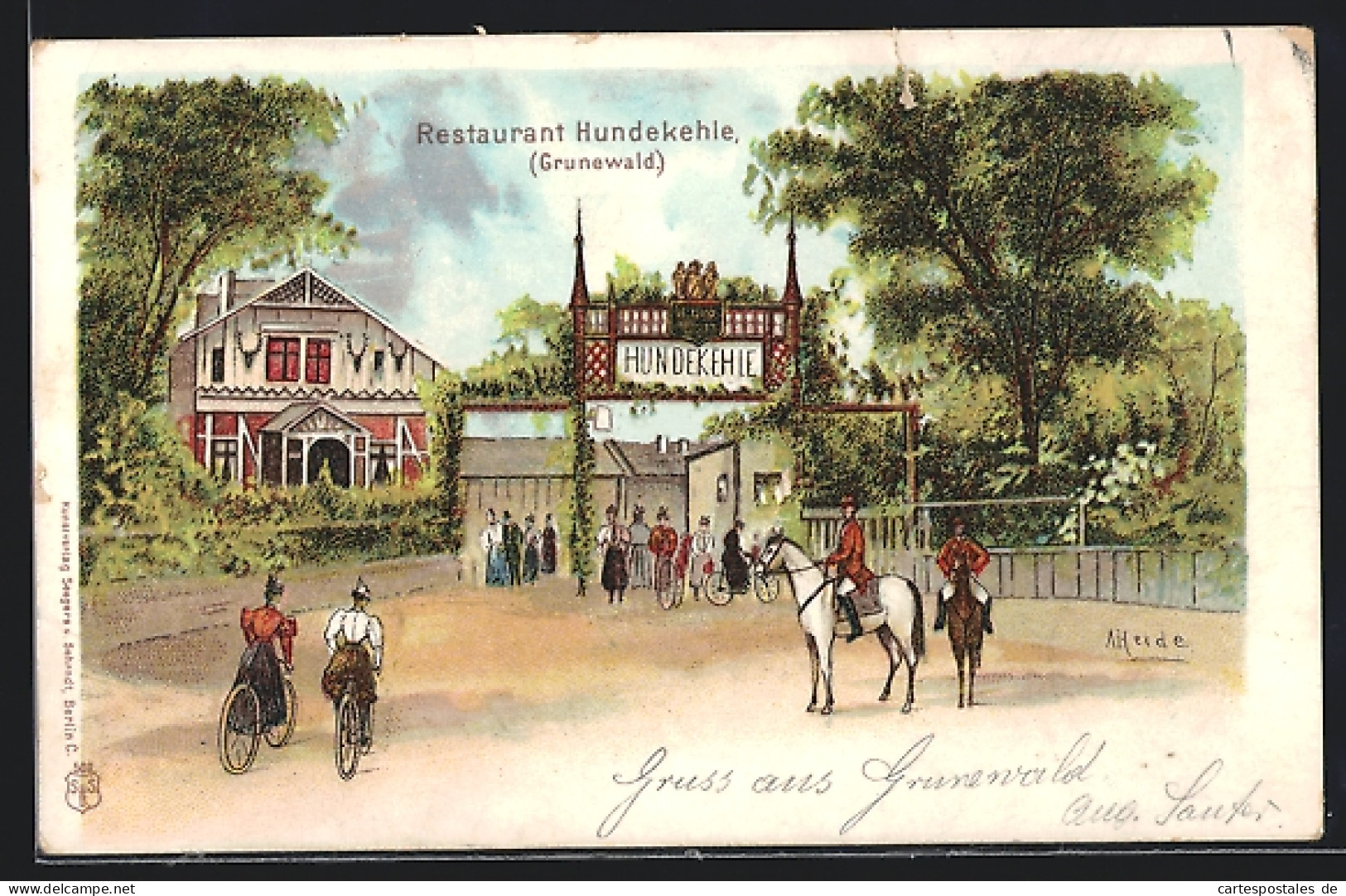 Lithographie Berlin-Grunewald, Restaurant Hundekehle, Strassenansicht Mit Radfahrerinnen Und Reitern  - Grunewald