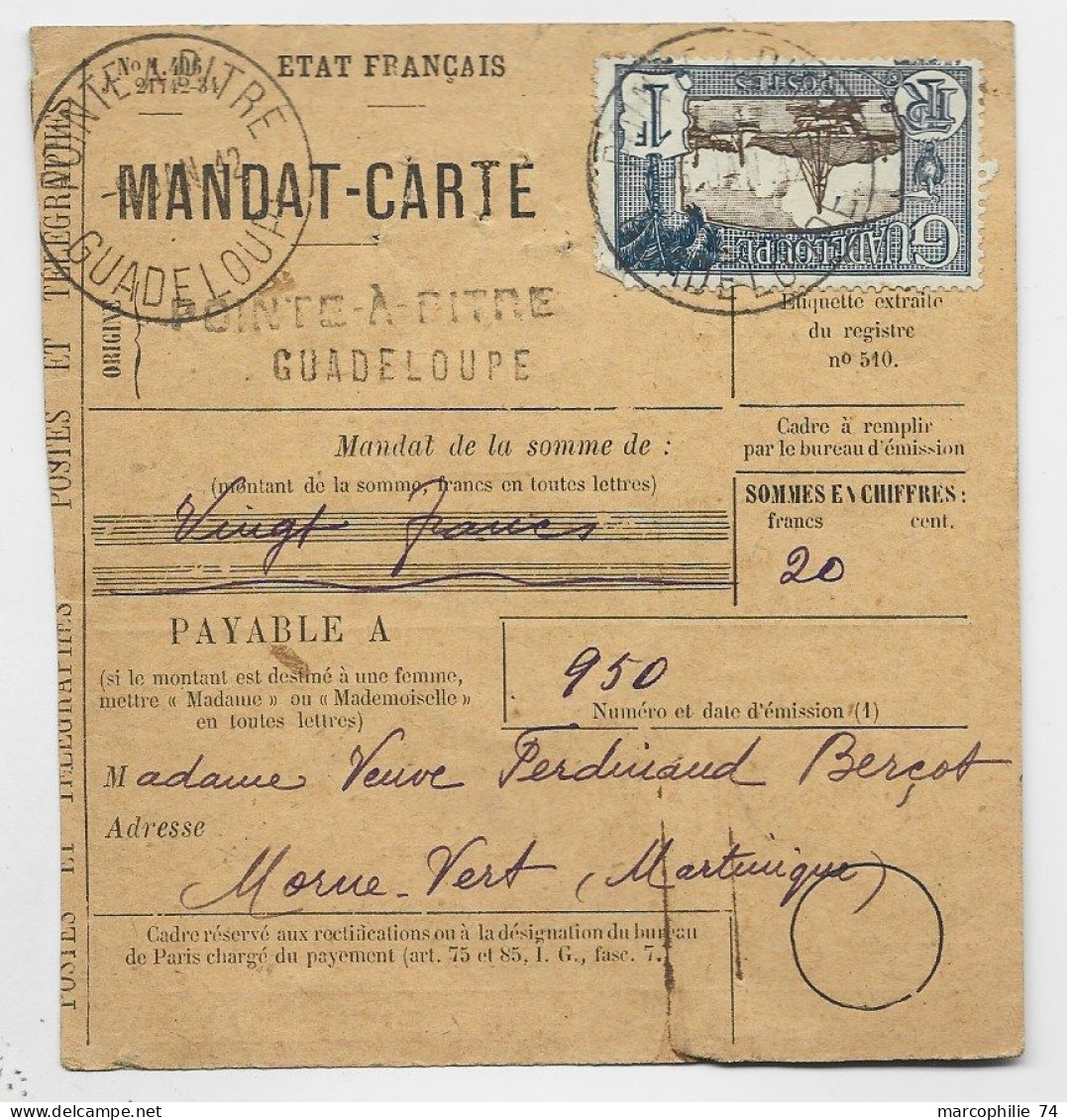 GUADELOUPE 1FR SEUL  DEFAUT ANGLE MANDAT CARTE POINTE A PITRE 1942 - Lettres & Documents