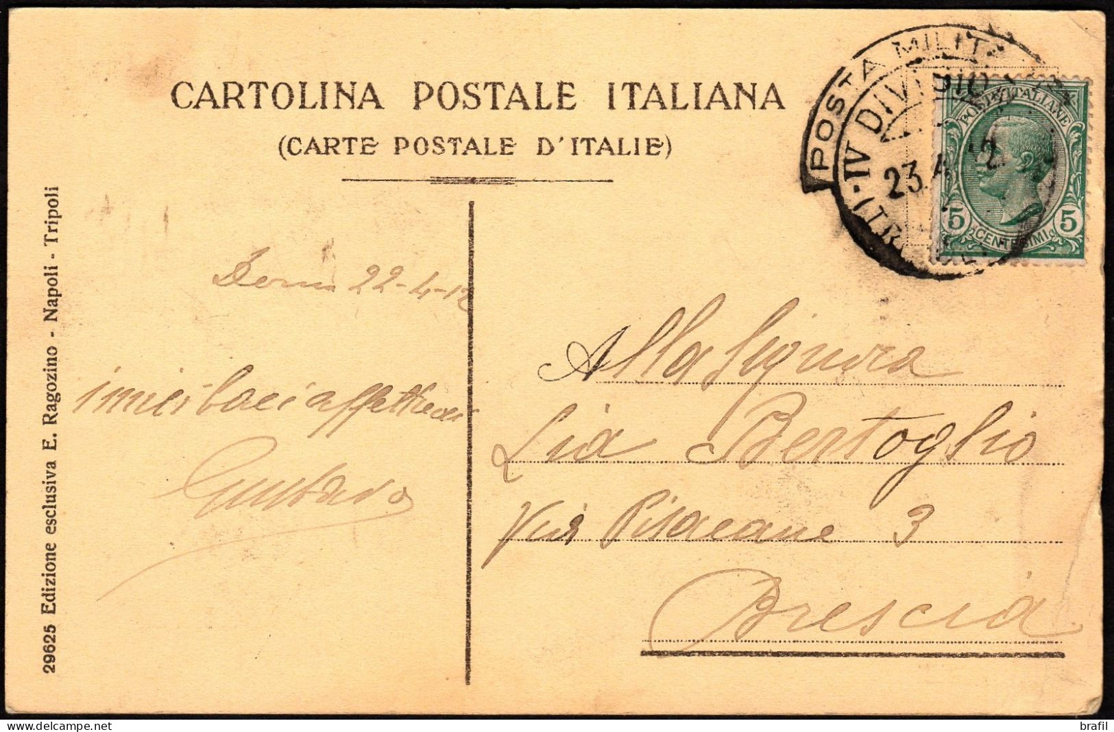 1912 Posta Militar4e IV Divisione Tripolitania Cartolina Da Derna Per Brescia - Militärpost (MP)