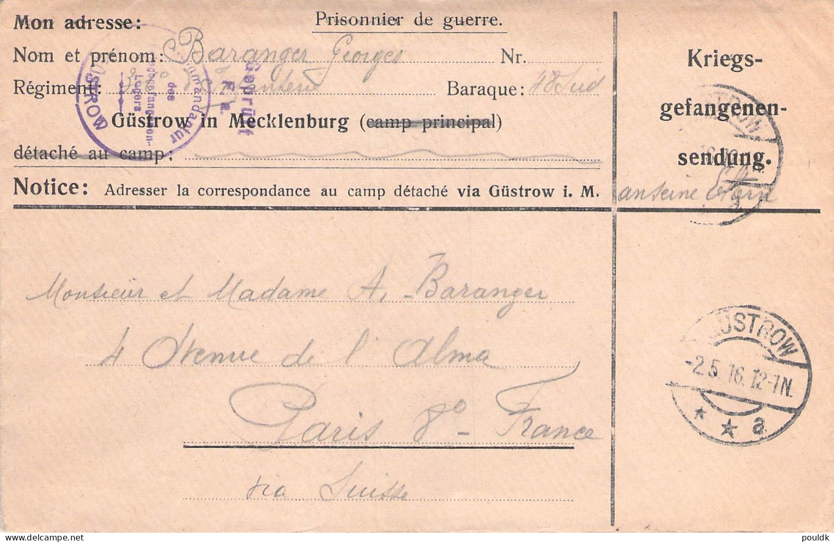 French Prisoner Of War Cover From Germany, Kriegsgefangenenlager Güstrow Posted Güstrow 2.5.1916. Postal Weight Approx 4 - Militaria