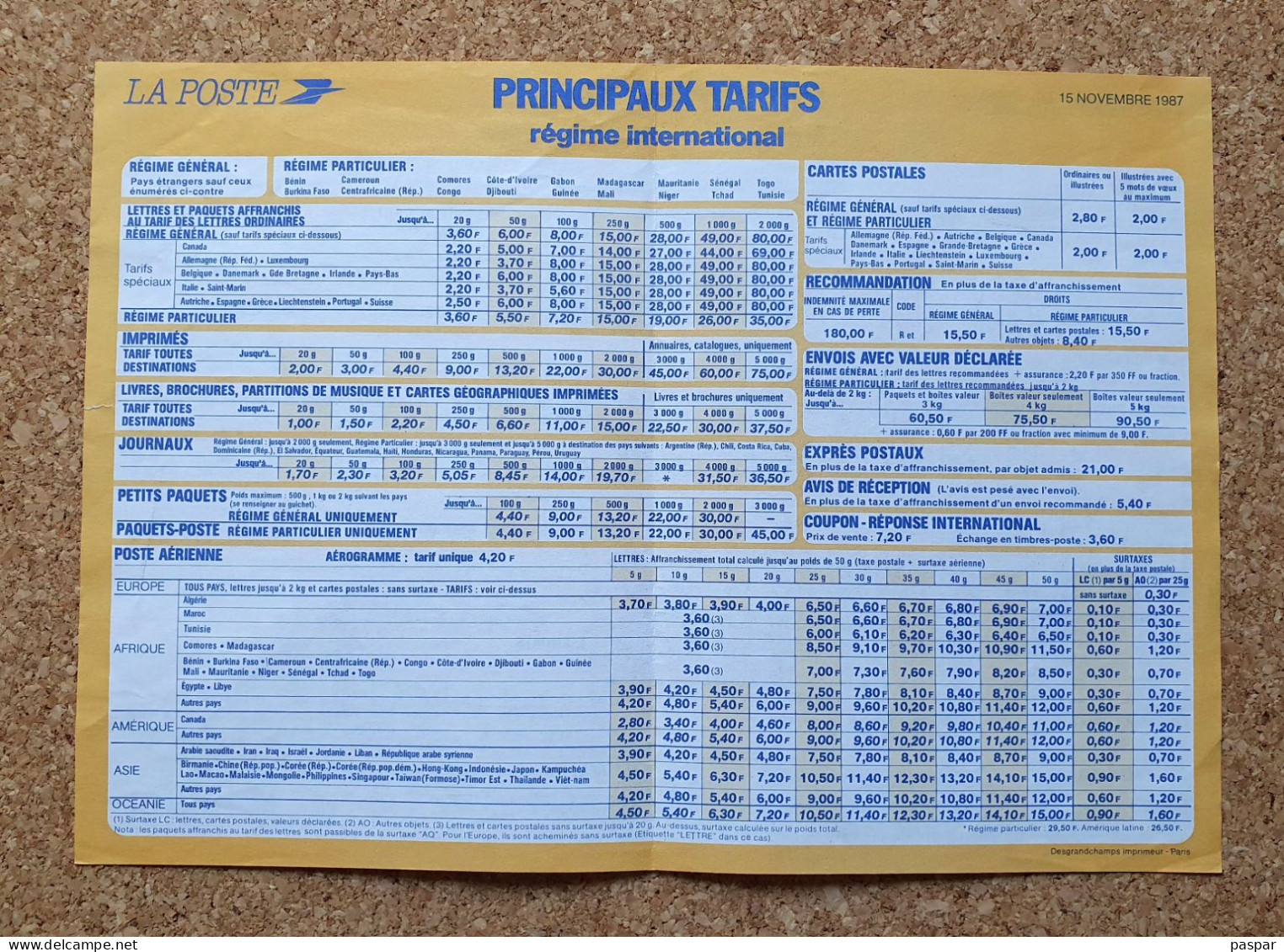 Principaux Tarifs Régime Intérieur Et Régime International La Poste Novembre 1987 - Documents Of Postal Services