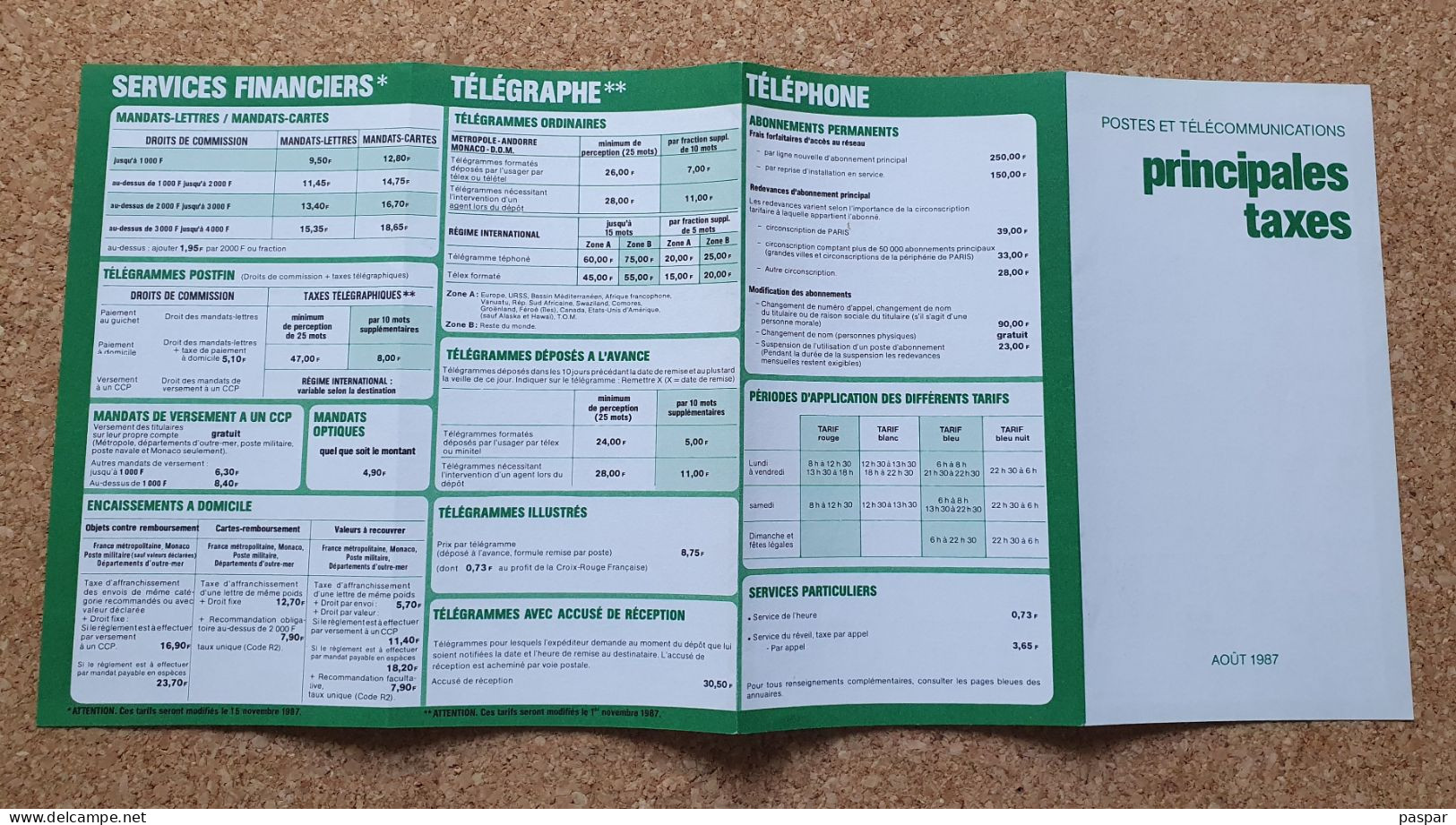 Principales Taxes Août 1987 Postes Et Télécommunications - Documents Of Postal Services