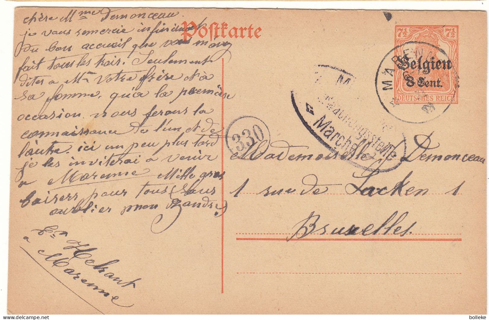 Belgique - Carte Postale De 1918 - Entier Postal - Oblit Marenne - Exp Vers Bruxelles - Avec Censure - - Occupazione Tedesca