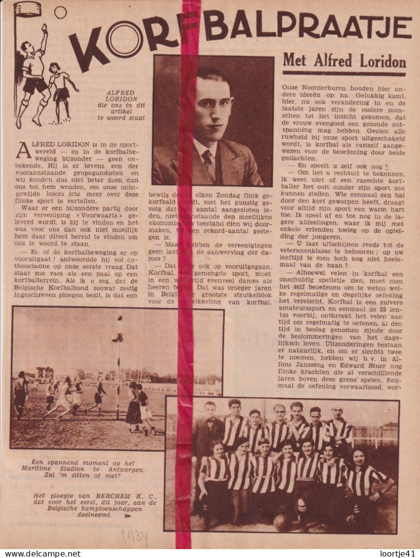 Antwerpen Korfbal , Alfred Loridon - Orig. Knipsel Coupure Tijdschrift Magazine - 1934 - Non Classés