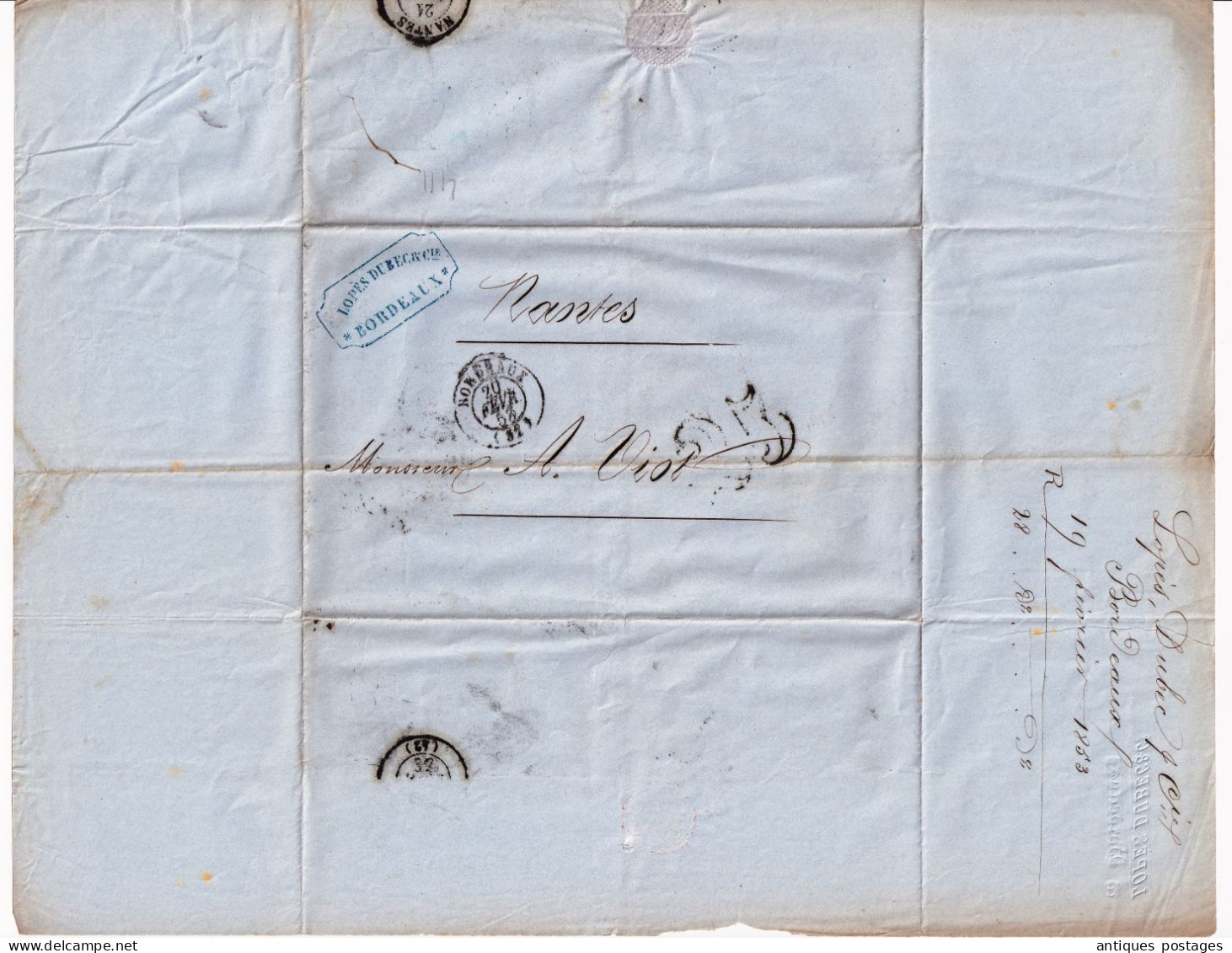 Lettre 1853 Taxe Double Trait 25 Centimes Bordeaux Gironde Nantes Loire Atlantique Lopez Lopès Dubec & Cie - 1849-1876: Classic Period