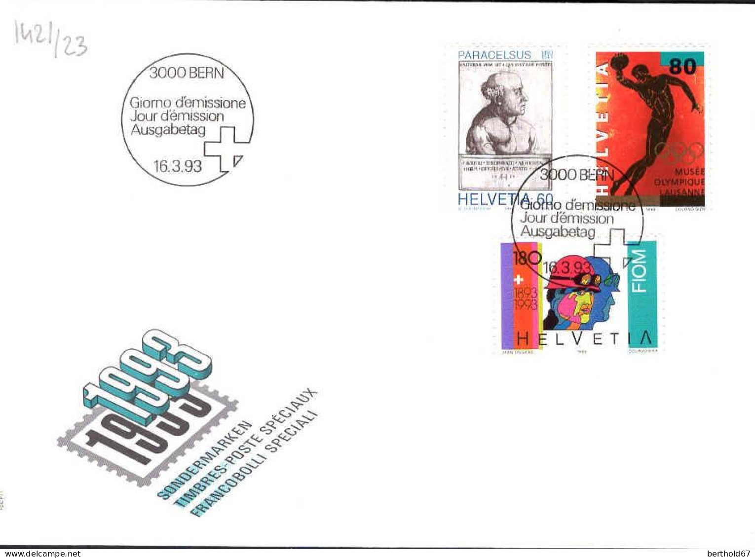 Suisse Poste Obl Yv:1421/1423 Commémorations Bern 16-3-93 Fdc - FDC