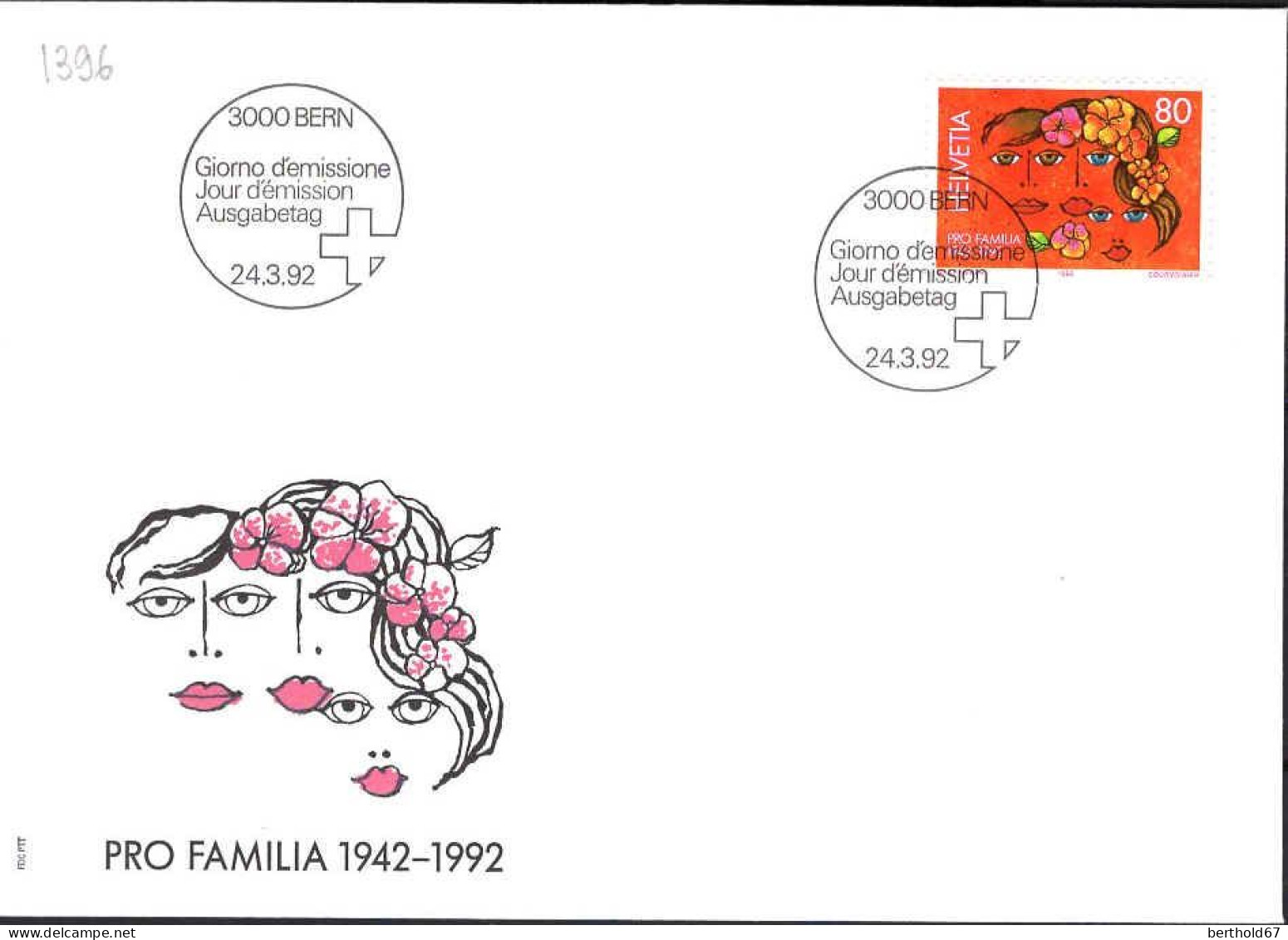 Suisse Poste Obl Yv:1396 Mi:1466 Pro Famila 1945-1992 Bern 24-3-92 Fdc - FDC