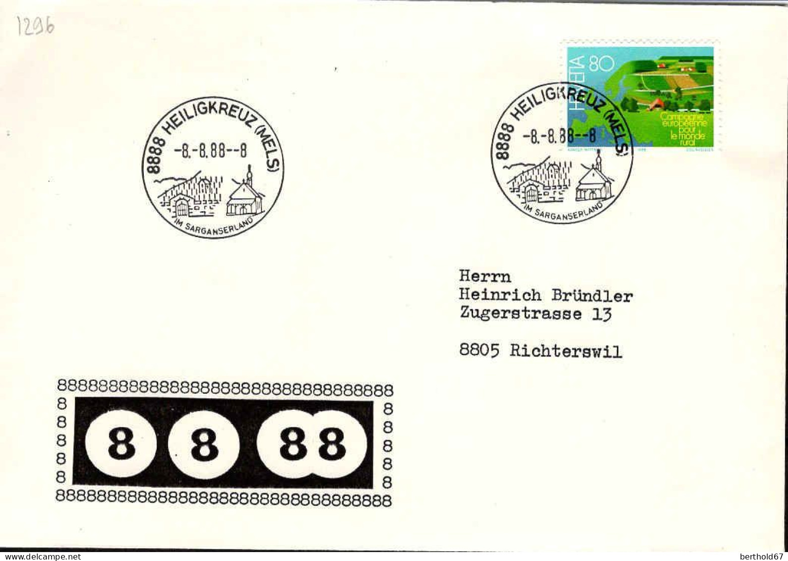 Suisse Poste Obl Yv:1296 Mi 1367 Yv:1,2 Euro(TB Cachet à Date) Heiligkreuz 8.8.88 - Covers & Documents