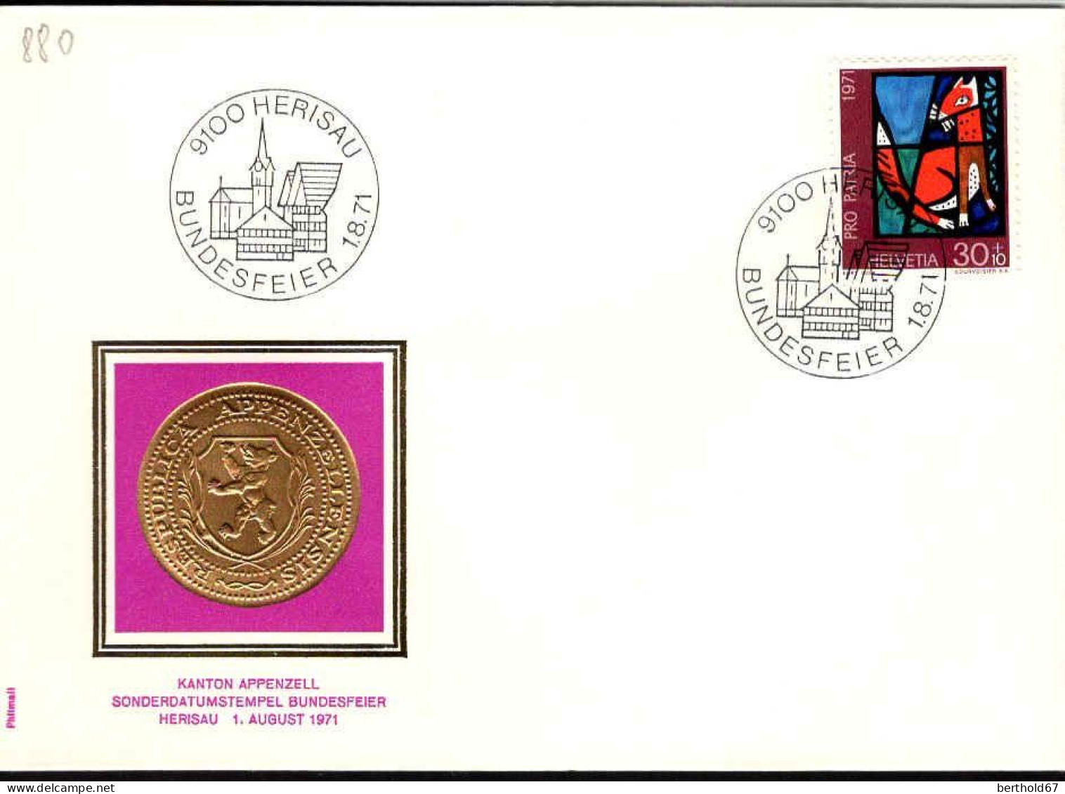 Suisse Poste Obl Yv: 880 Bundesfeier Kanton Appenzell (TB Cachet à Date) 1-8-71 - Briefe U. Dokumente