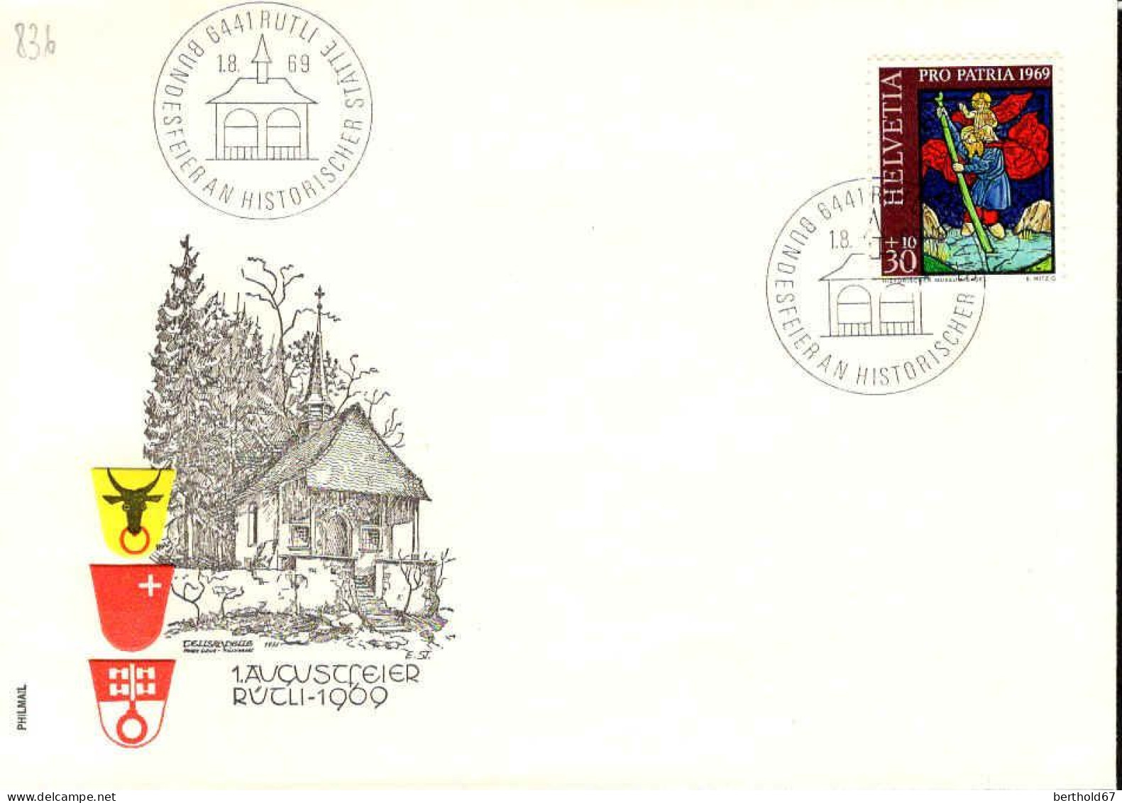 Suisse Poste Obl Yv: 836 1.Augustfeier Rütli (TB Cachet à Date) 1-8-69 - Brieven En Documenten