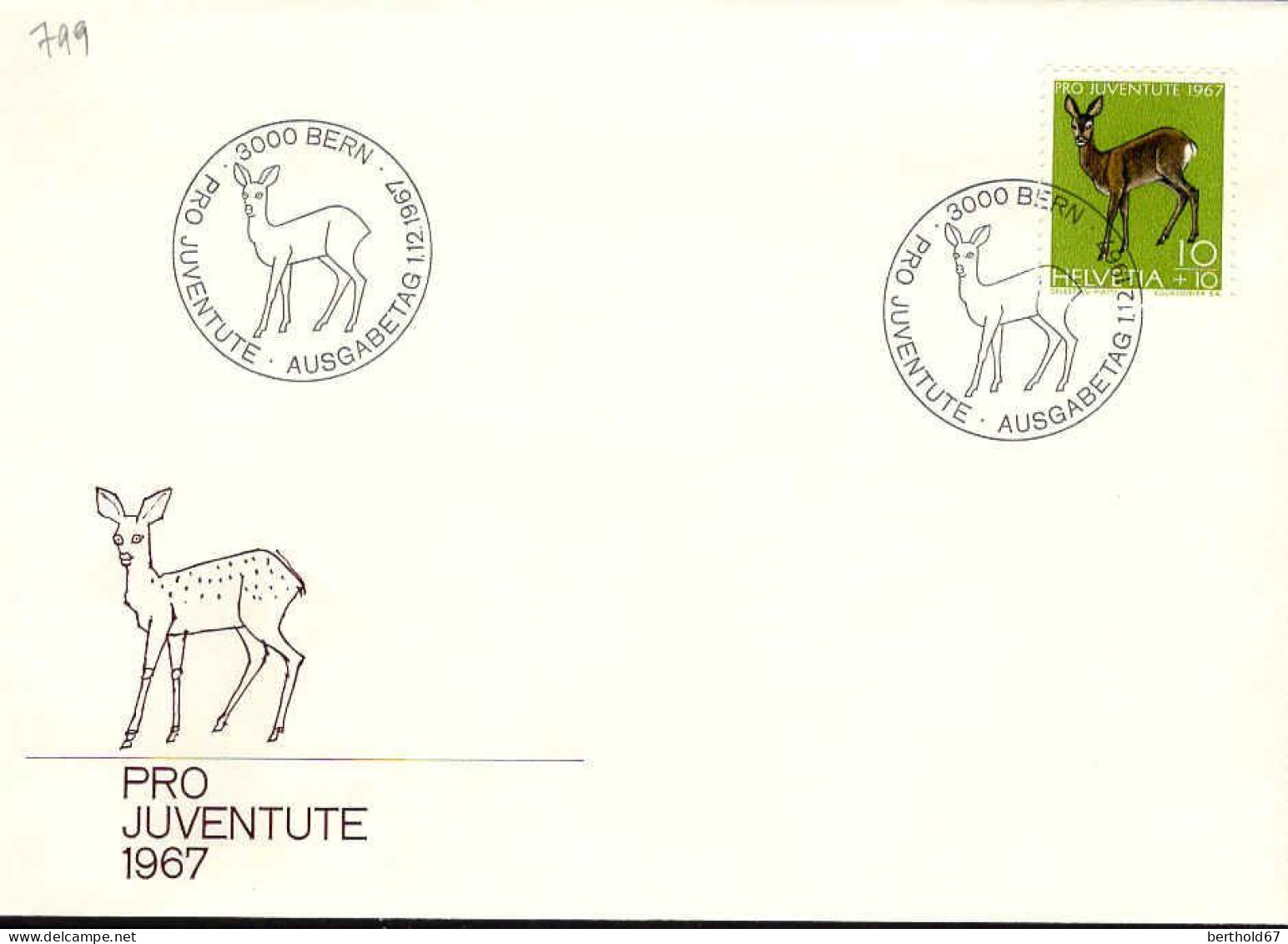 Suisse Poste Obl Yv: 799 Mi:866 Pro Juventute Chevreuil (TB Cachet à Date) Bern 1-12-1967 Fdc - FDC