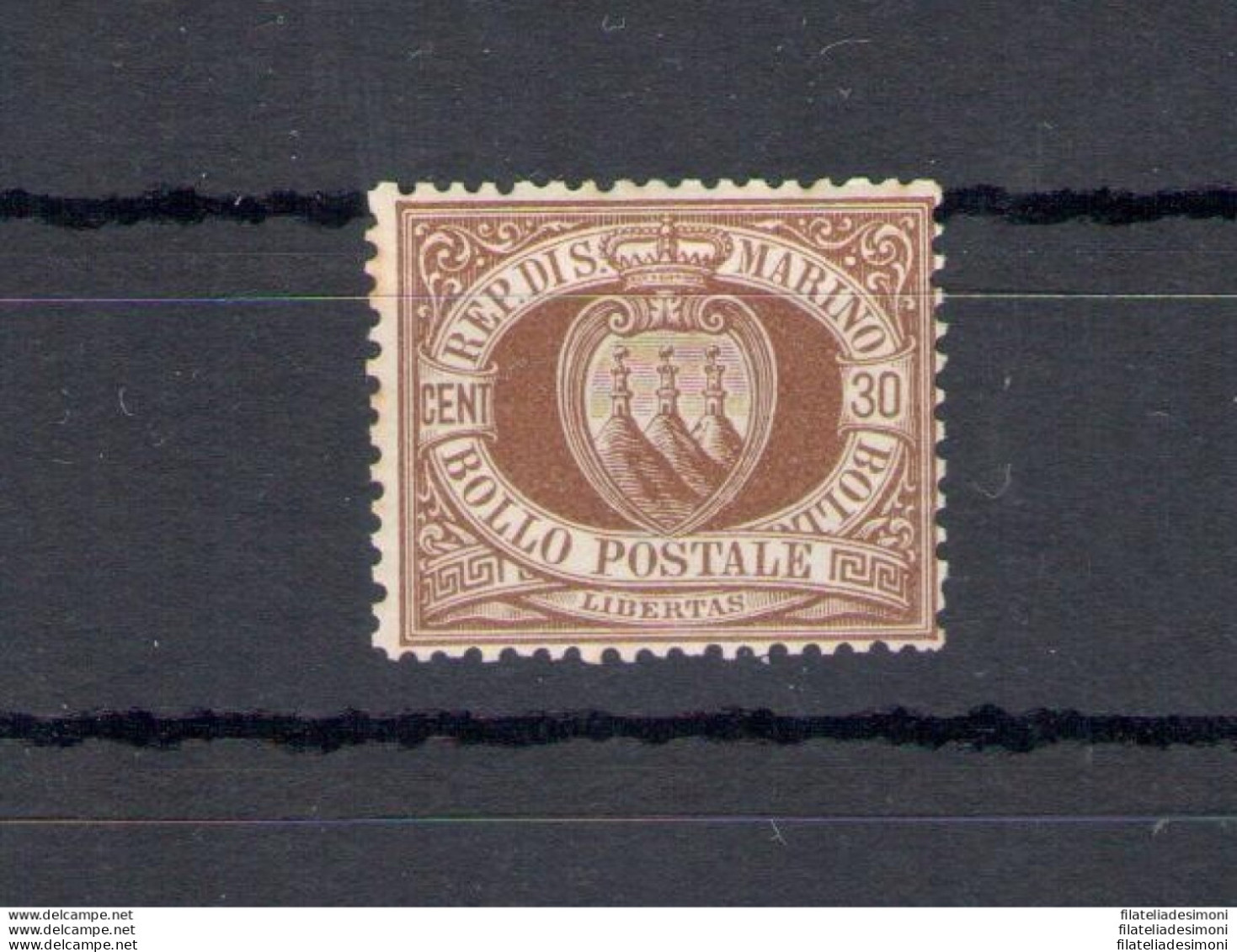 1877 San Marino, Catalogo Sassone N. 6, 30 Cent Bruno - Discreta Centratura - MNH** - Certificato Cilio - Sonstige & Ohne Zuordnung