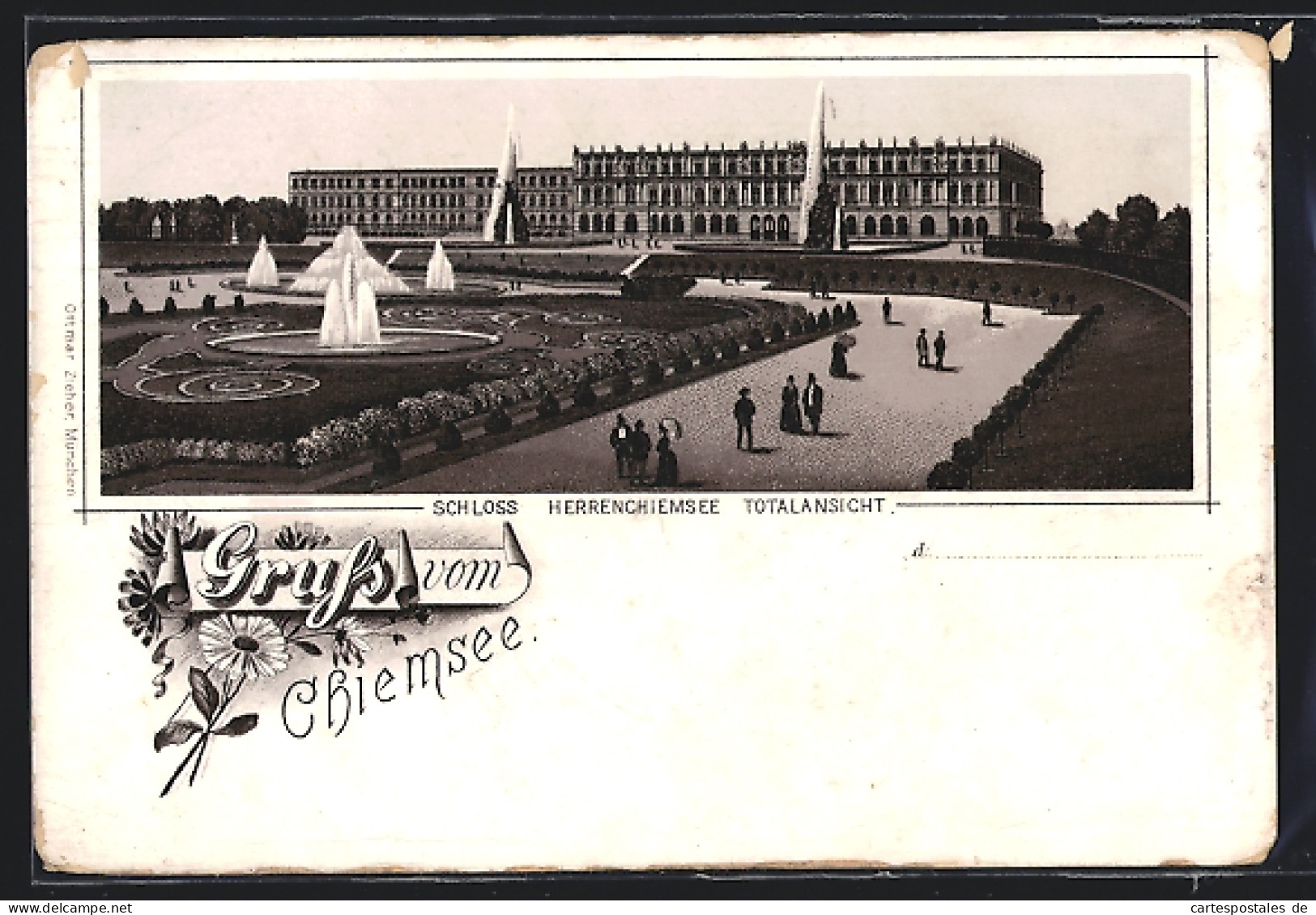 Lithographie Chiemsee, Schloss Herrenchiemsee, Totalansicht Mit Fontänen Und Spaziergängern  - Autres & Non Classés