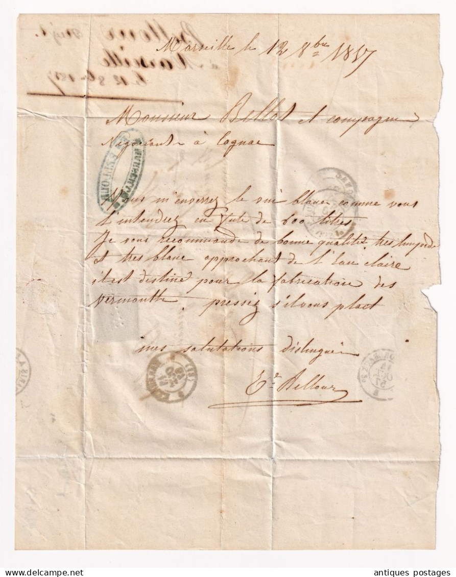 Lettre 1857 Marseille Bellcour Bouches Du Rhône Cognac Vermouth Charente Bellot & Cie - 1853-1860 Napoléon III.