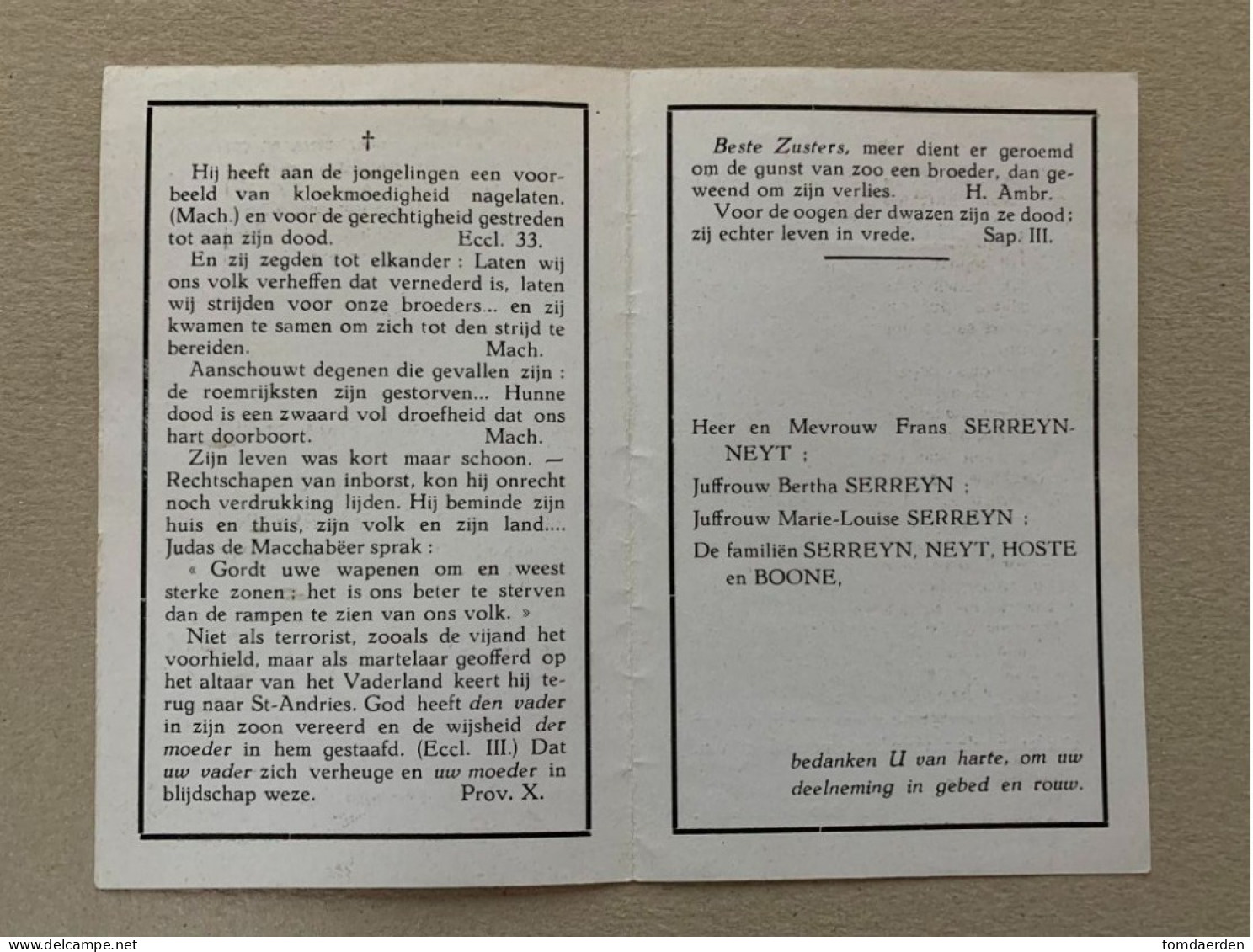 BP Albert Serreyn Gent Oostakker 06/1944 Gefusilleerd 40-45 24e Linie - Partizanen Commandant Weerstander Verzet WO2 - Andachtsbilder