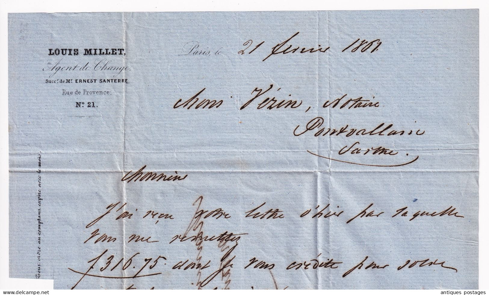 Lettre1861 Paris Louis Millet Agent de Change Pontvallain Sarthe Vérin Notaire