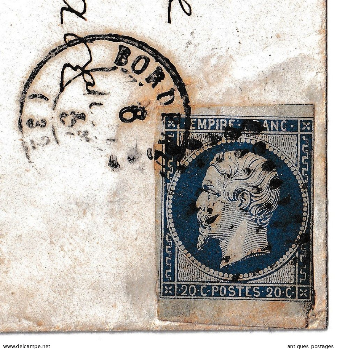 Bord De Feuille Napoléon III 20 Centimes  Non Dentelé Lettre Bordeaux Gironde Bazas - 1853-1860 Napoléon III.