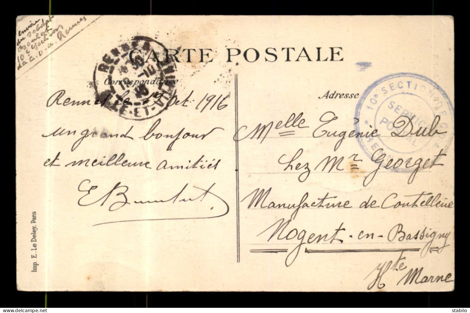 CACHET DU SERVICE POSTAL DE LA 10E SECTION DE C.O.A DE RENNES  - Guerre De 1914-18