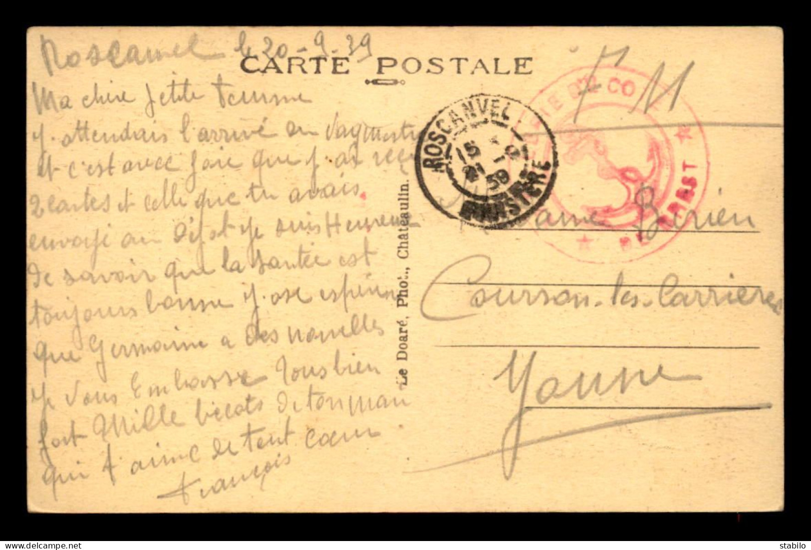 CACHET DE LA BATTERIE DE COTE DE BREST VOYAGE LE 21.09.1939 - WW II